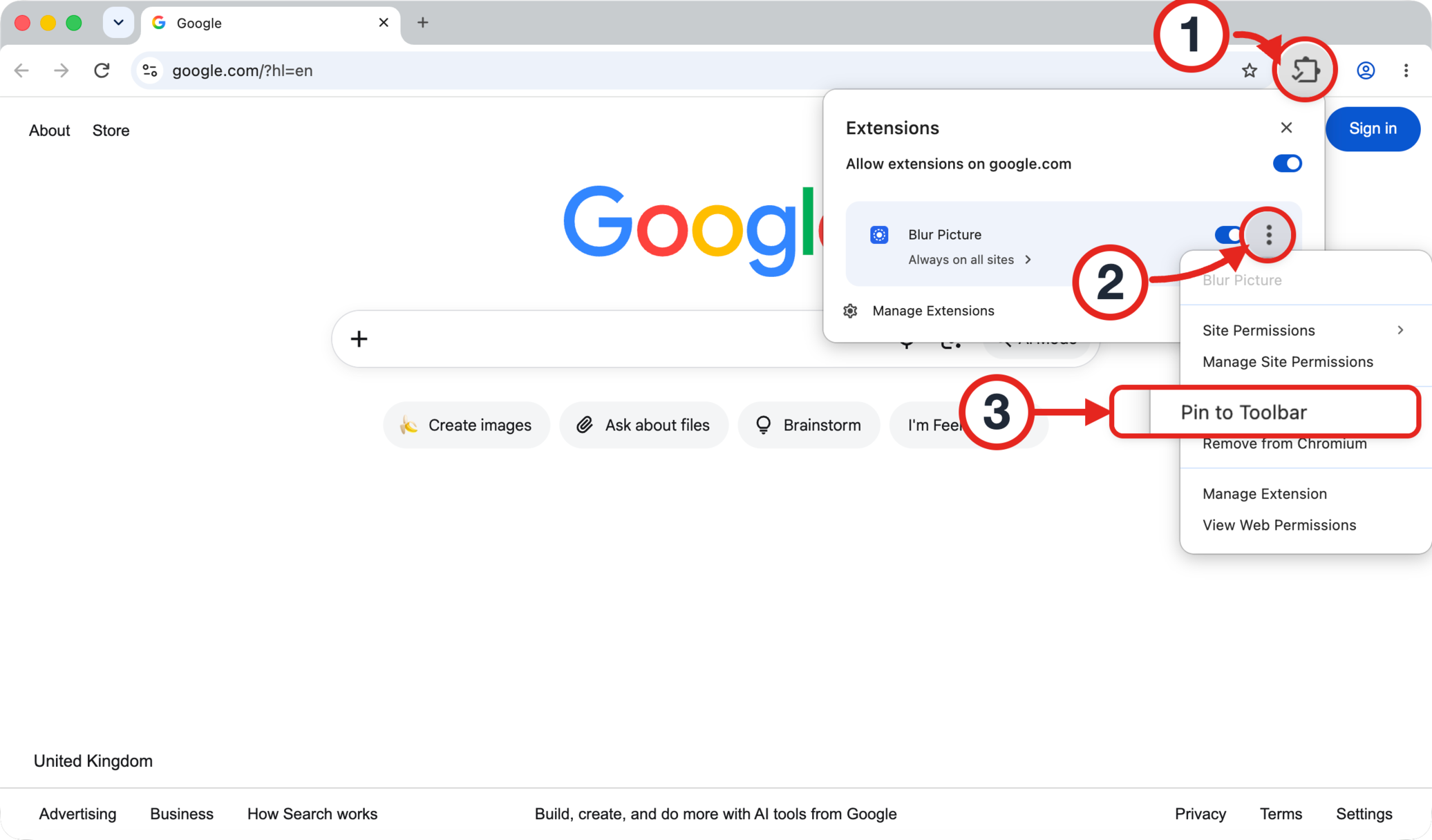 Chrome toolbar: the puzzle piece (1) opens the Extensions menu, the three dots (2) next to Blur Picture open its menu, and Pin to Toolbar (3) keeps it on the toolbar.